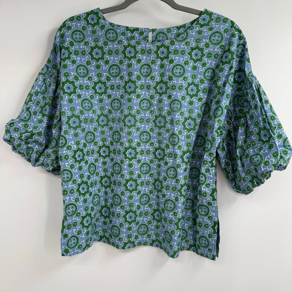 Fitzroy & Willa Mary Beth Puff Sleeve Blouse Womens Small Blue Green Round Neck